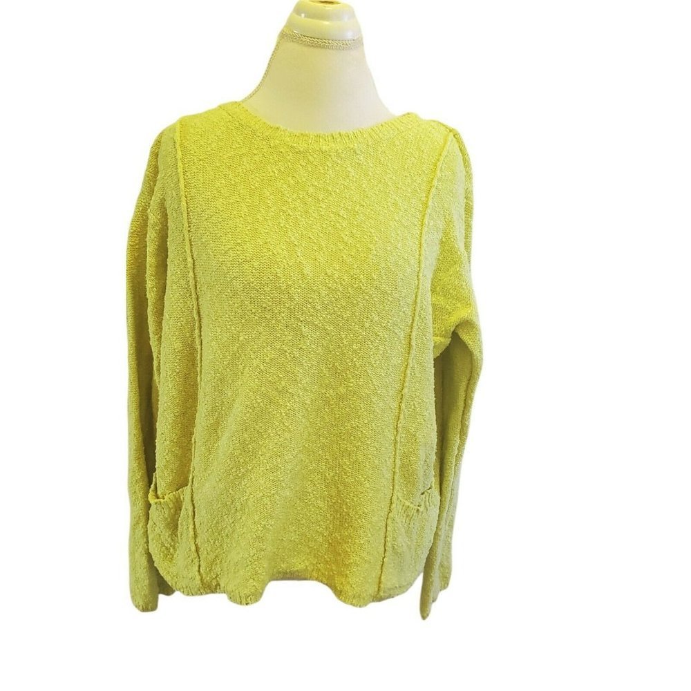 J Jill Lime Green Size Large Textured Sweater Pockets Stretch Boxy Cotton Slouch